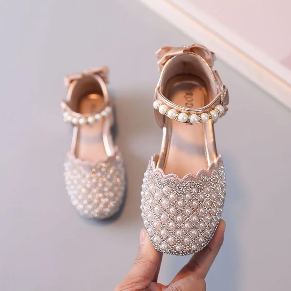 Girls Mary Jane Ballerina Flat Dress Shoes Pearl Rhinestone Glitter flats - Picture 9 of 10